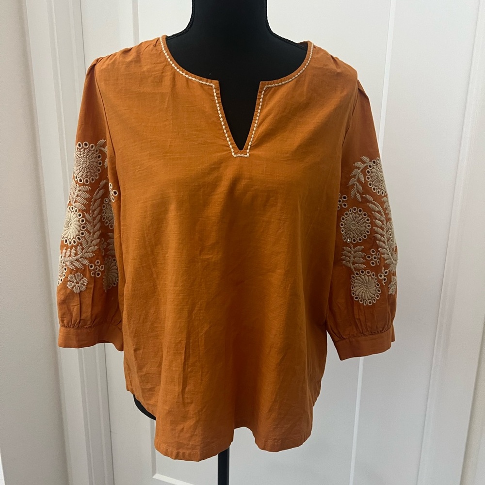 Madewell Orange Blouse with Embroidered Sleeves